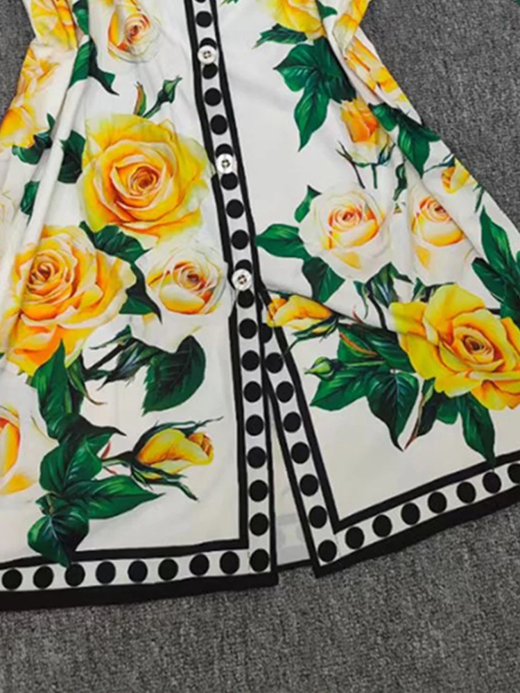 Spring/Summer 2024 New Yellow Rose Printed Single-breasted Shirt Bat Sleeve Holiday Style Lapel Loose Fashion Joker blouse