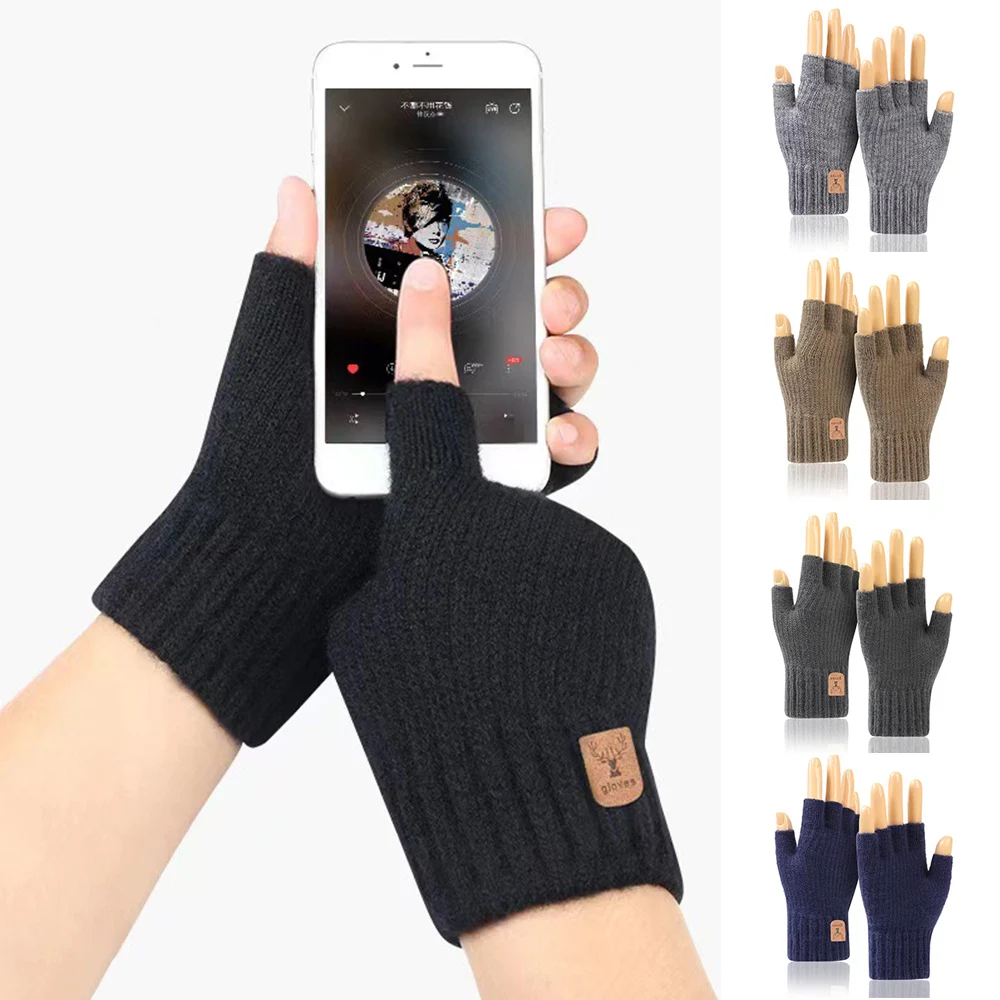 

1 Pair Men Winter Warm Fingerless Touchscreen Glove Unisex Knitted Solid Color Half Finger Gloves Thicken Outdoor Work Mittens