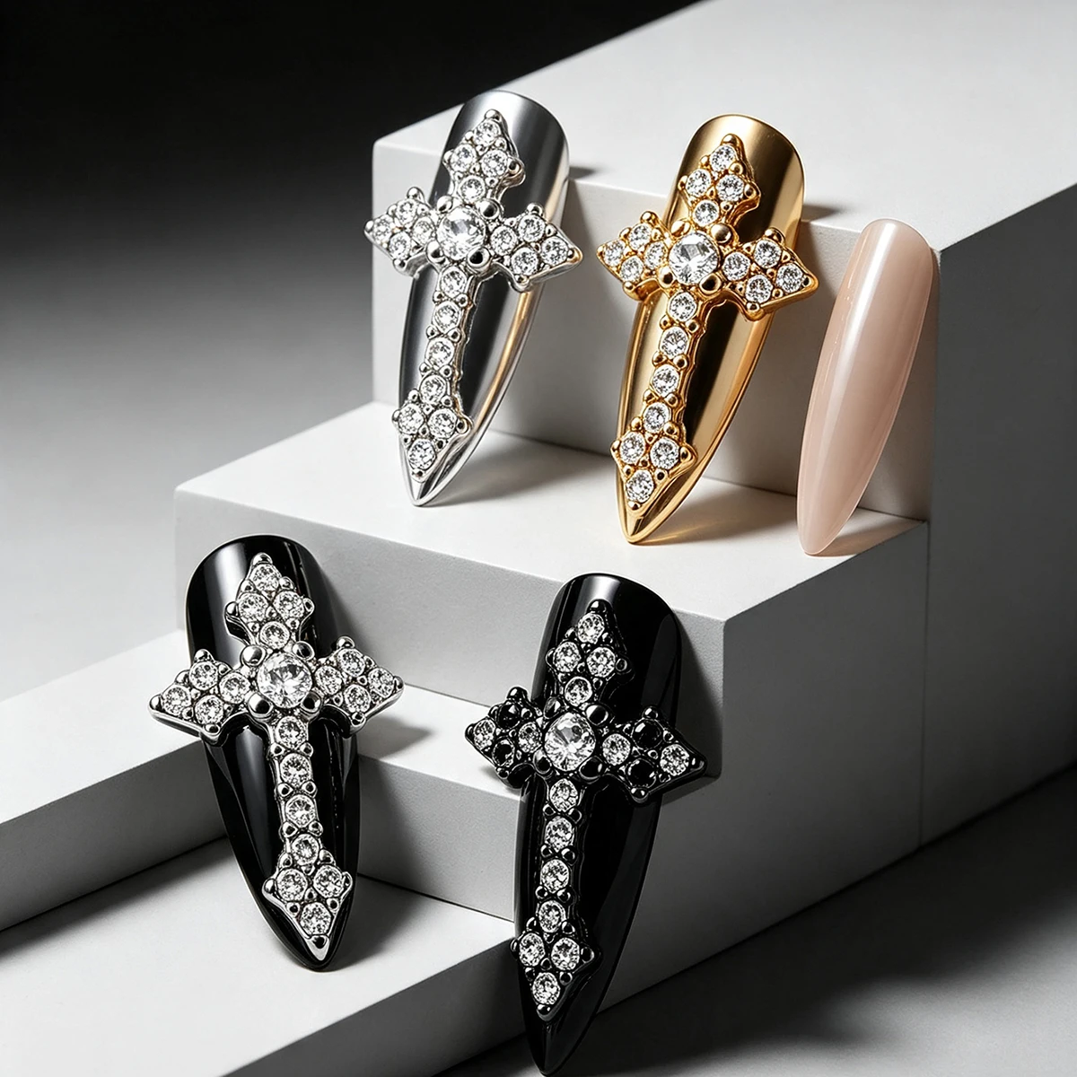 5 Pieces of European and American Cyberpunk Style Cross Nail Art Decorations, Y2K Metal Full Diamond Glitter Cross Nail Decorations, Copper Inlaid Zircon High-End Exquisite Fake Nail Decorations, Simple and Versatile Nail Art Designs DIY Nail Supplies