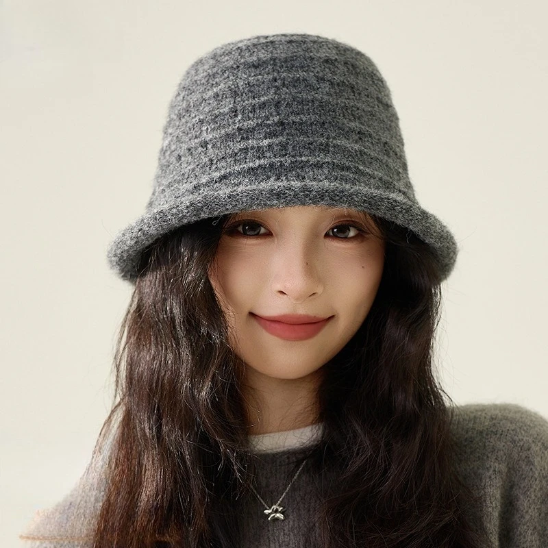Autumn and Winter New South Korea Dongdaemun Knitted Bucket Hat Girls Face Small Curling Solid Color Warm Face Bucket Hat