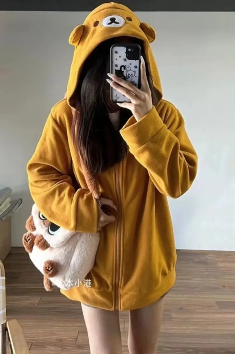 Kawaii Zip Up Hoodies Women Oversized Japanese Girl Preppy Style Cute Bear Sweatshirts New Sweet Lolita Embroidered Tops