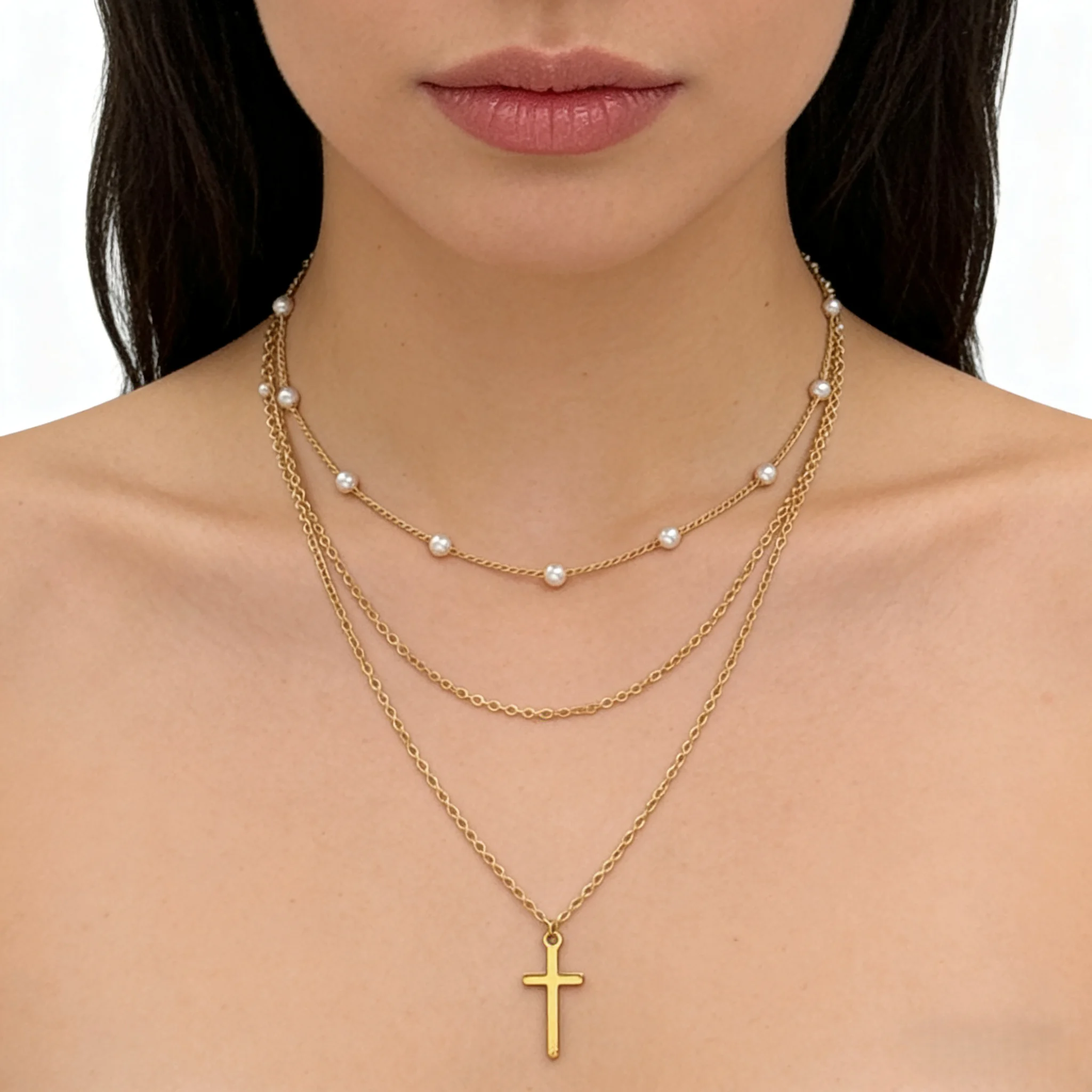 عقد متقاطع متعدد الطبقات بلون ذهبي جديد لعام 2025 (قطعة واحدة) مزين باللؤلؤ إكسسوارات يومية عصرية وأنيقة