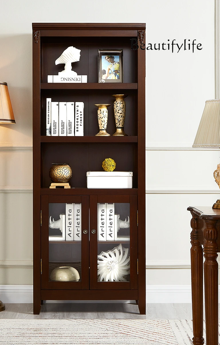 Solid wood bookcase American home with glass door dust display storage against the wall floor designer model