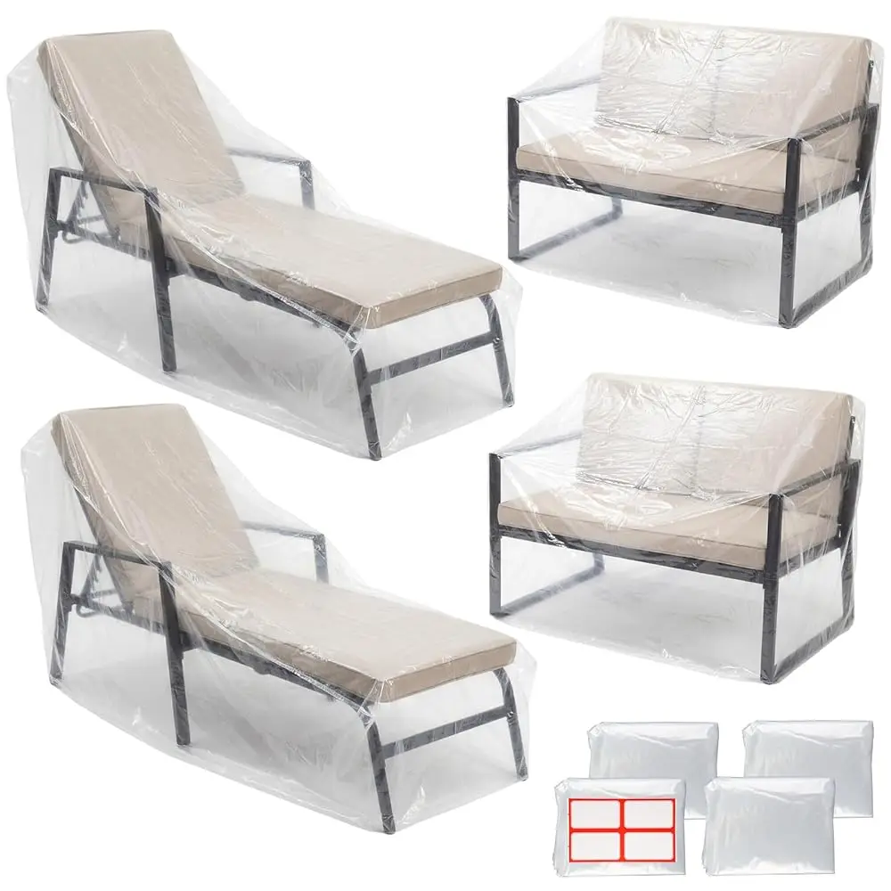 

Комплект из 4 чехлов для садовой мебели: для шезлонгов, водонепроницаемых двухместных скамеек и прозрачных пластиковых чехлов для кресел
