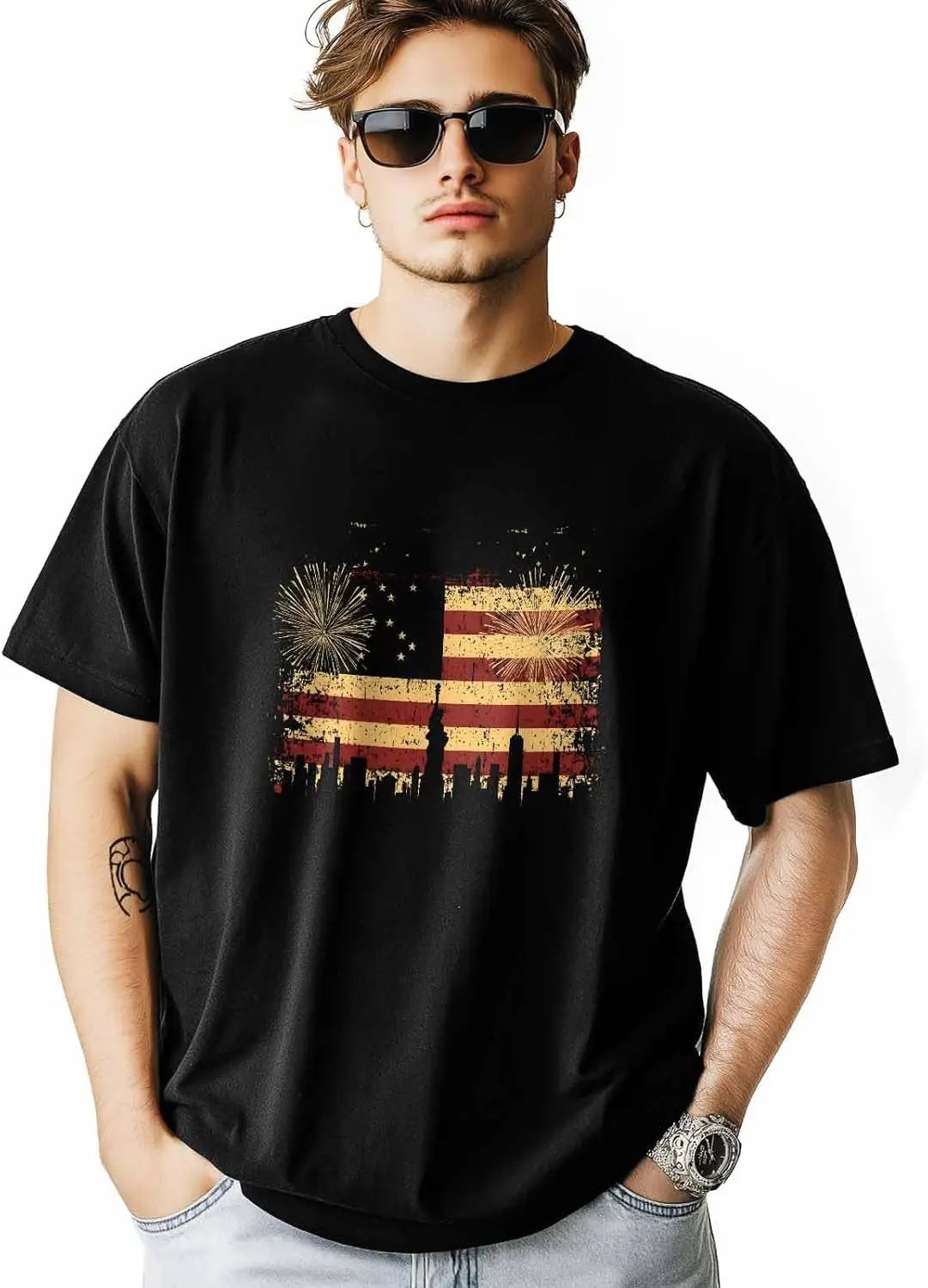 

BEMIGO T Shirts for Men Graphic Tees Men American Flag Crew Neck Mens Shirts Short Sleeve Fireworks Casual T-Shirt