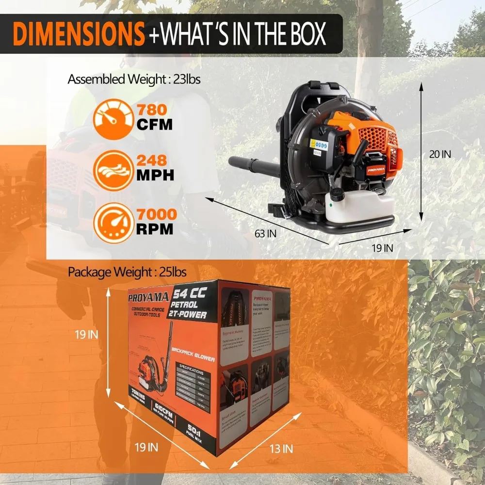 Soplador de hojas de mochila alimentado por Gas, 54CC, 780CFM, 248mph, servicio extremo, 2 ciclos, sopladores de hojas alimentados por gasolina