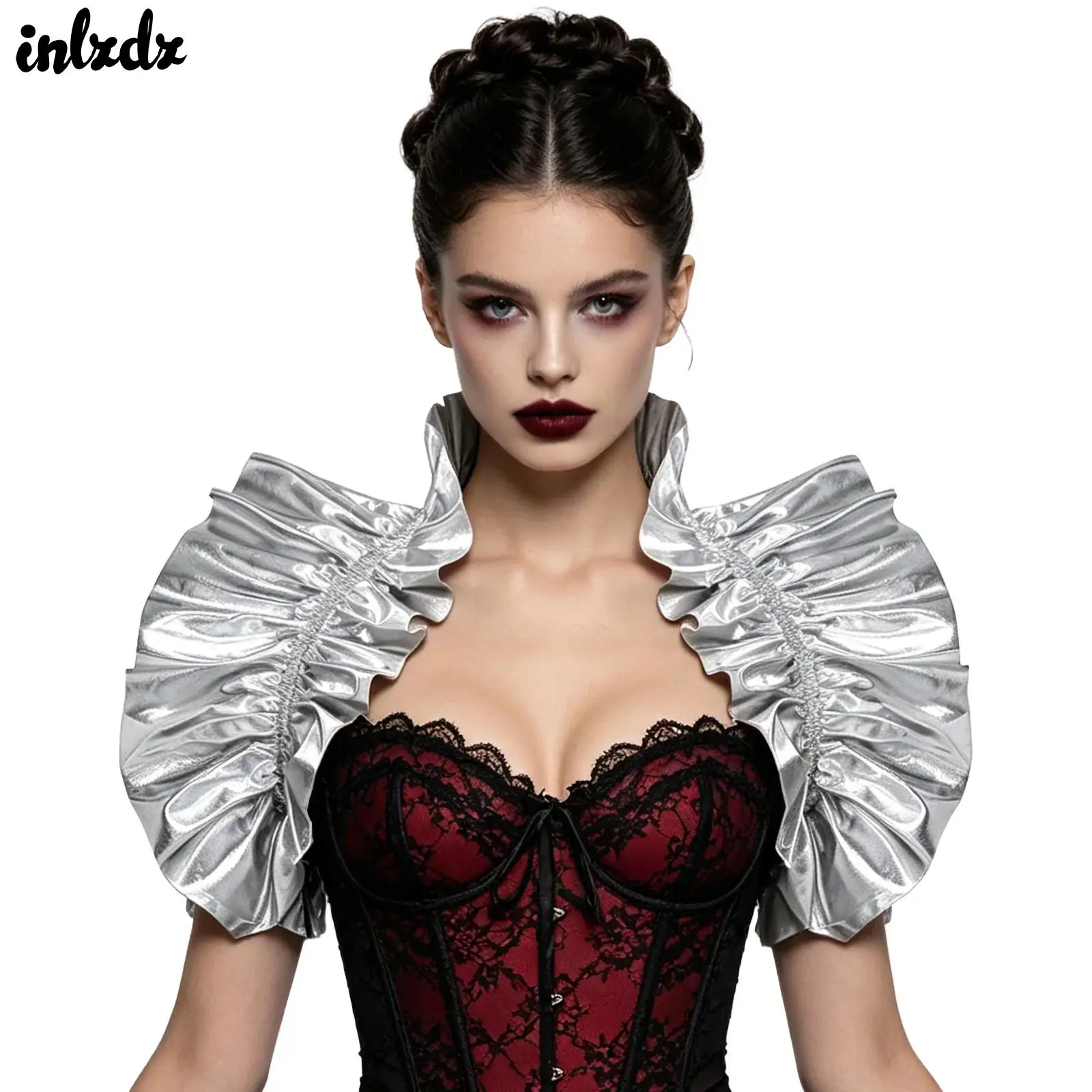 Women Holographic Iridescent Renaissance Shoulder Cape Ruffled Detachable Shrug Tie‑Back Victorian Carnival Costume Accessory