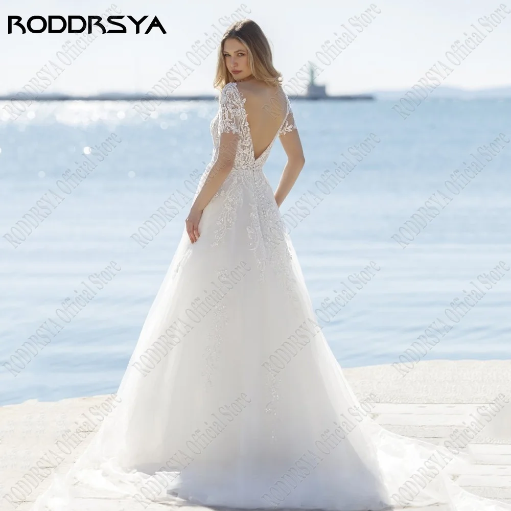 RODDRSY Civil Wedding Dresses For Woman Double V-Neck Backless Bride Gowns Beach Short Sleeves A-Line Applique vestido de noiva