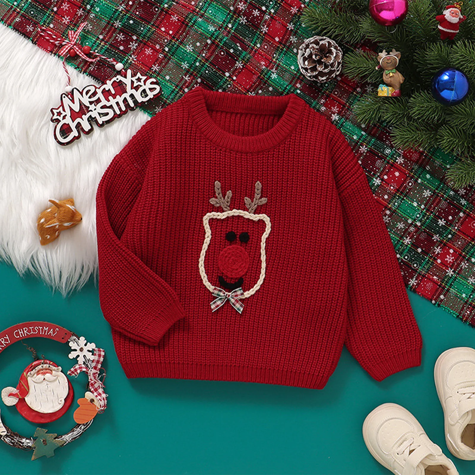 Toddler Baby Boys Girls Christmas Elk Embroidery Sweater Long Sleeves Knitted Pullover Tops Kids Xmas Holiday Party Warm Clothes