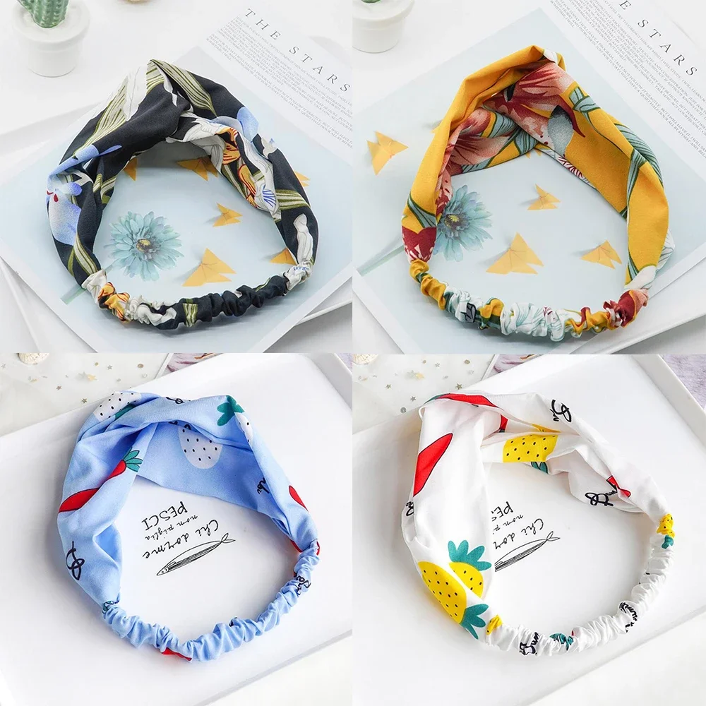 2024 New Women Summer Hair Bands Print Flower Headbands Fashion Vintage Cross Turban Bandage Bandanas Hair Accessories FD711