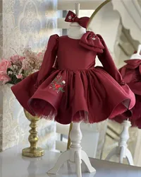 0-12Y Baby Girl Spring Summer Burgandy Flower Embroidery Vintage Spanish Princess Ball Gown Burgandy Dress for Eid Causal