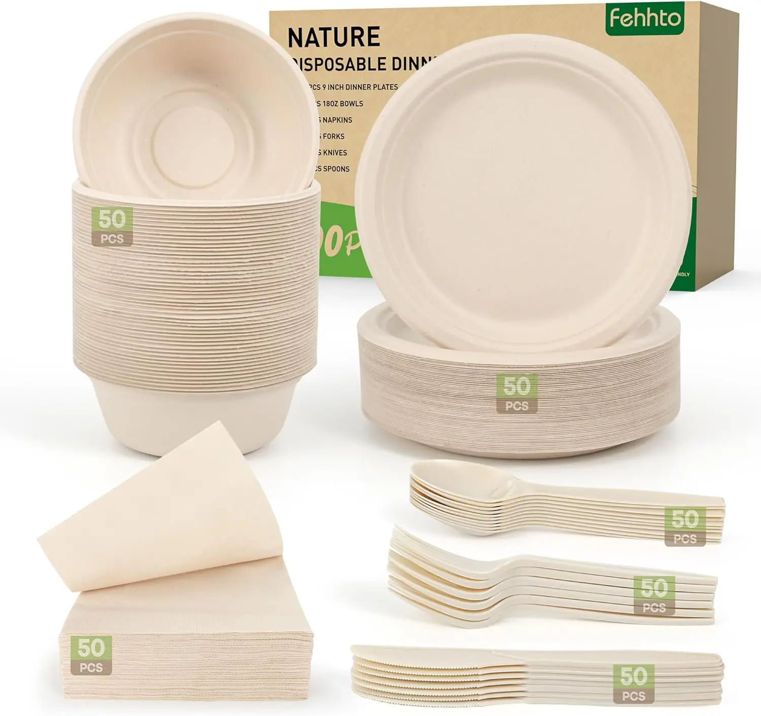 Disposable Paper Plates Set 300Pcs Compostable Sugarcane Plates, Bowls, Heavy-Duty Utensil, Biodegradable Napkins, Eco-Friendly