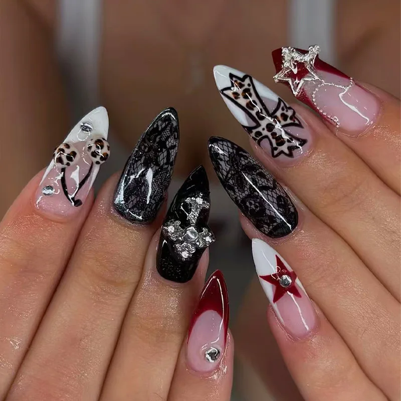 24PCS 3D three-dimensional leopard print cherry cross necklace manicure suitable for girls with a strong sense of coolness