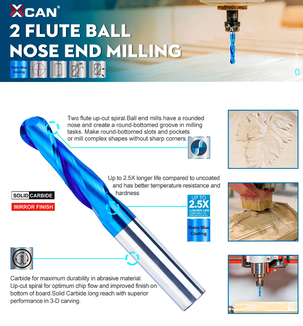 XCAN Ball Nase Ende Mühle 3,175 4 6 8 10 12mm Schaft Hartmetall Fräser 2 Flöte Nano Blau beschichtet CNC Router Bit Für Holz – Detail 3