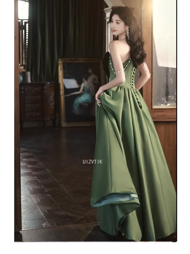 Einfache grüne lange Abendkleider für Damen, trägerlos, Satin, große Schleife, knöchellang, Ballkleider, luxuriöses formelles Party-Anlasskleid