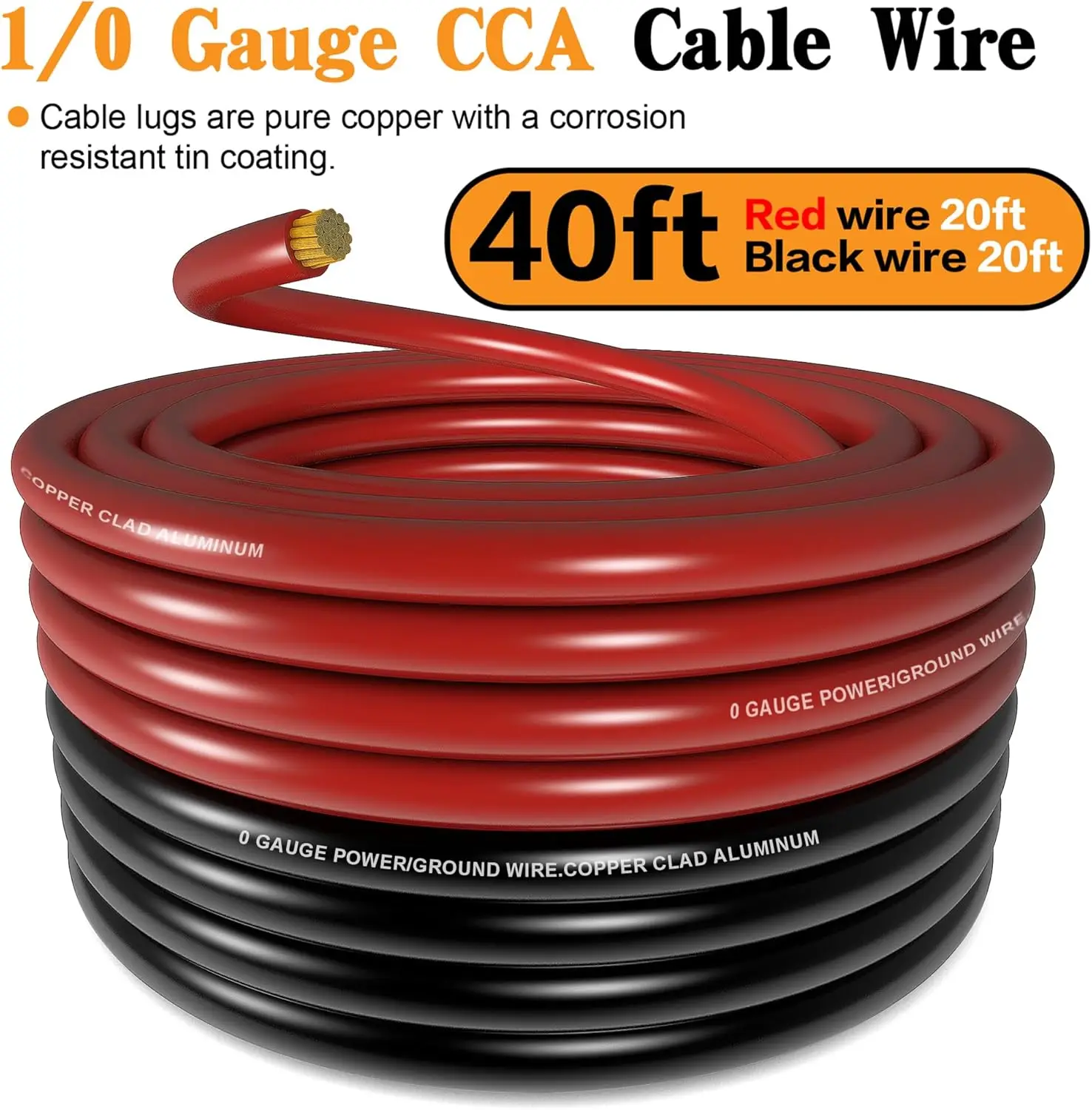 1/0 Gauge CCA Batterijkabelset 40FT Zwart Rood Automotive Power Ground Wire met zekeringhouder