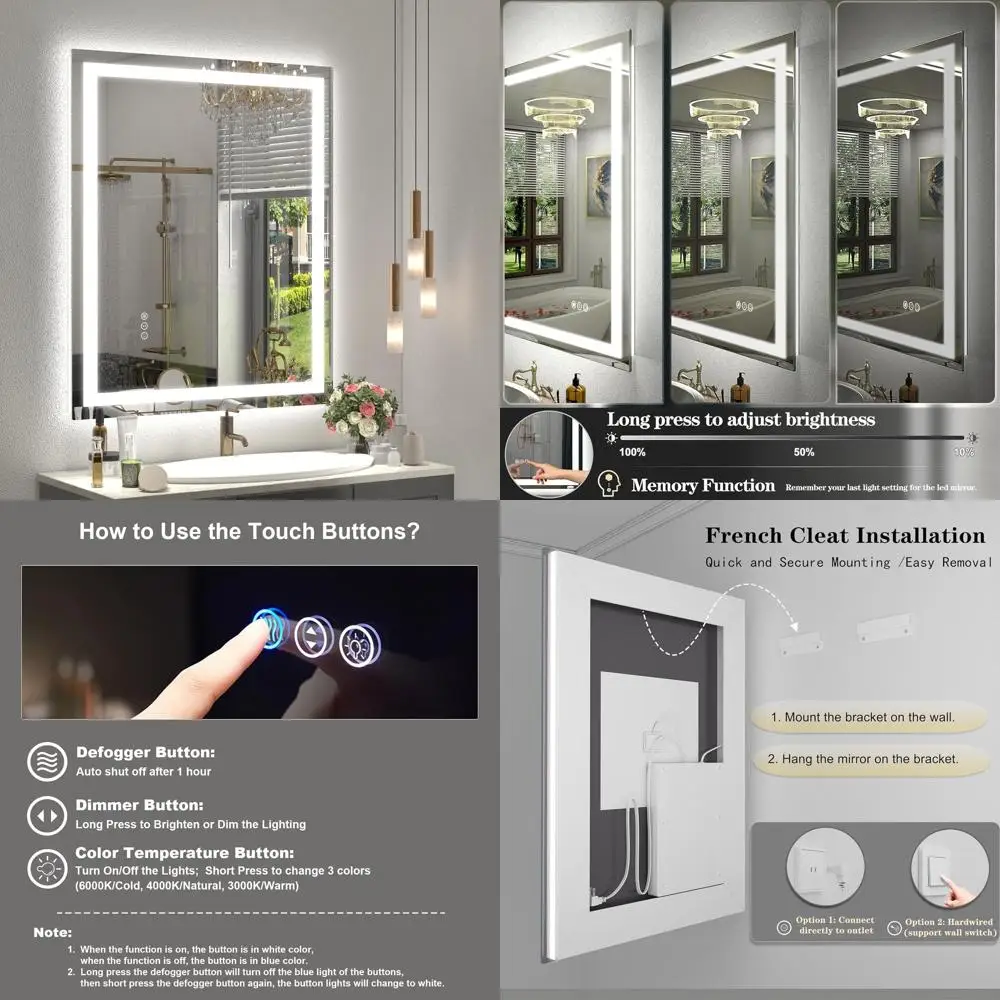

Dimmable 30x36 LED Backlit Vanity Mirror with Anti-Fog, Memory, 3 Color Options, Shatterproof, ETL Listed