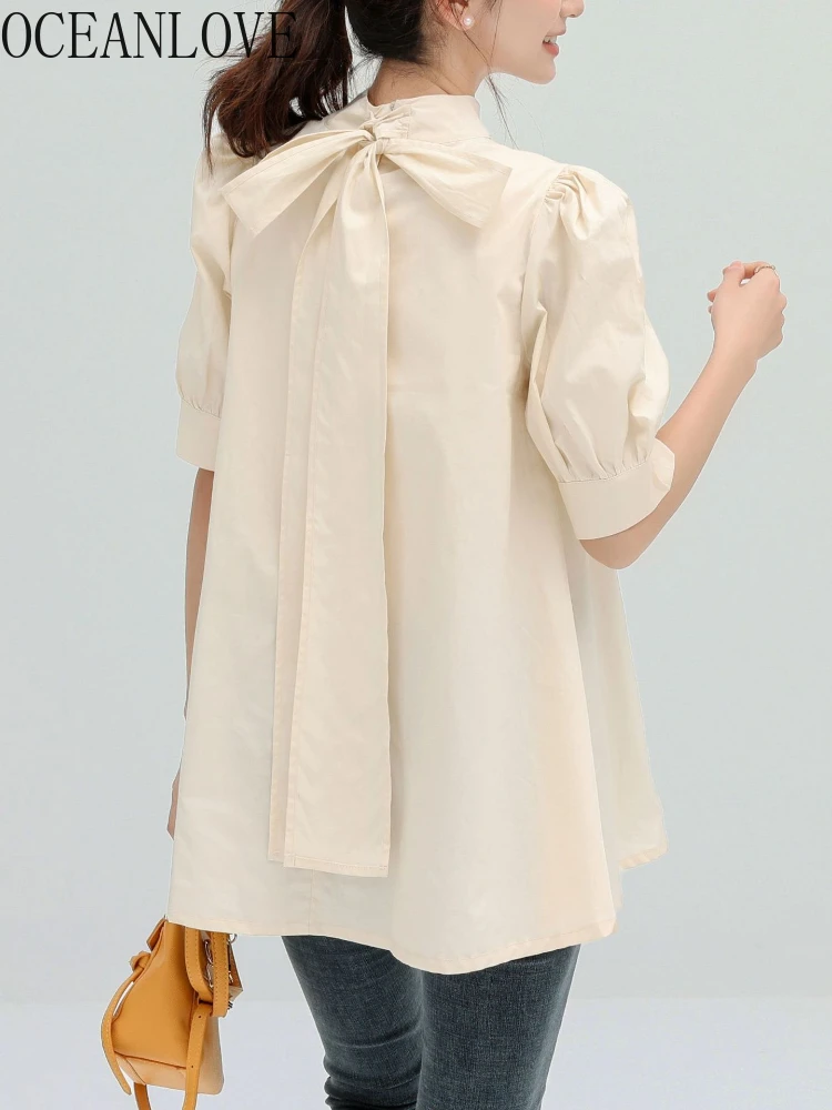 OCEANLOVE 5 Colors Blusas Mujer De Moda 2022 Japan Style Solid Bow Women Blouses Vintage Puff Sleeve Elegant Loose Shirts