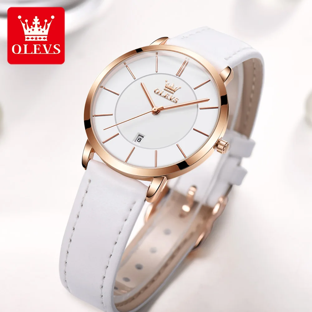 OLEVS 5869 Leather Strap Woman Watch Ultra Thin Waterproof Original Quartz Watch for Women Simplicity Elegant Ladies Wrist Watch