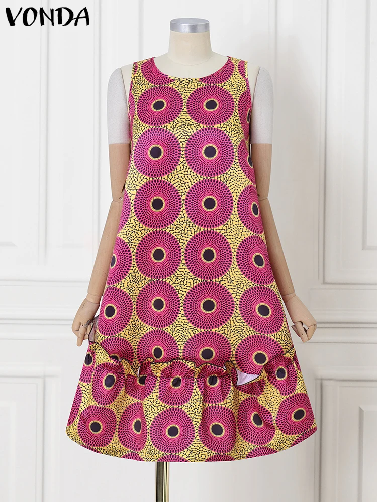 VONDA ฤดูร้อนชุดผู้หญิงพิมพ์ Sundress 2025 หลวม Casual Ruffled Party Vestidos ขนาดใหญ่ Bohemian Mid-Calf Robe