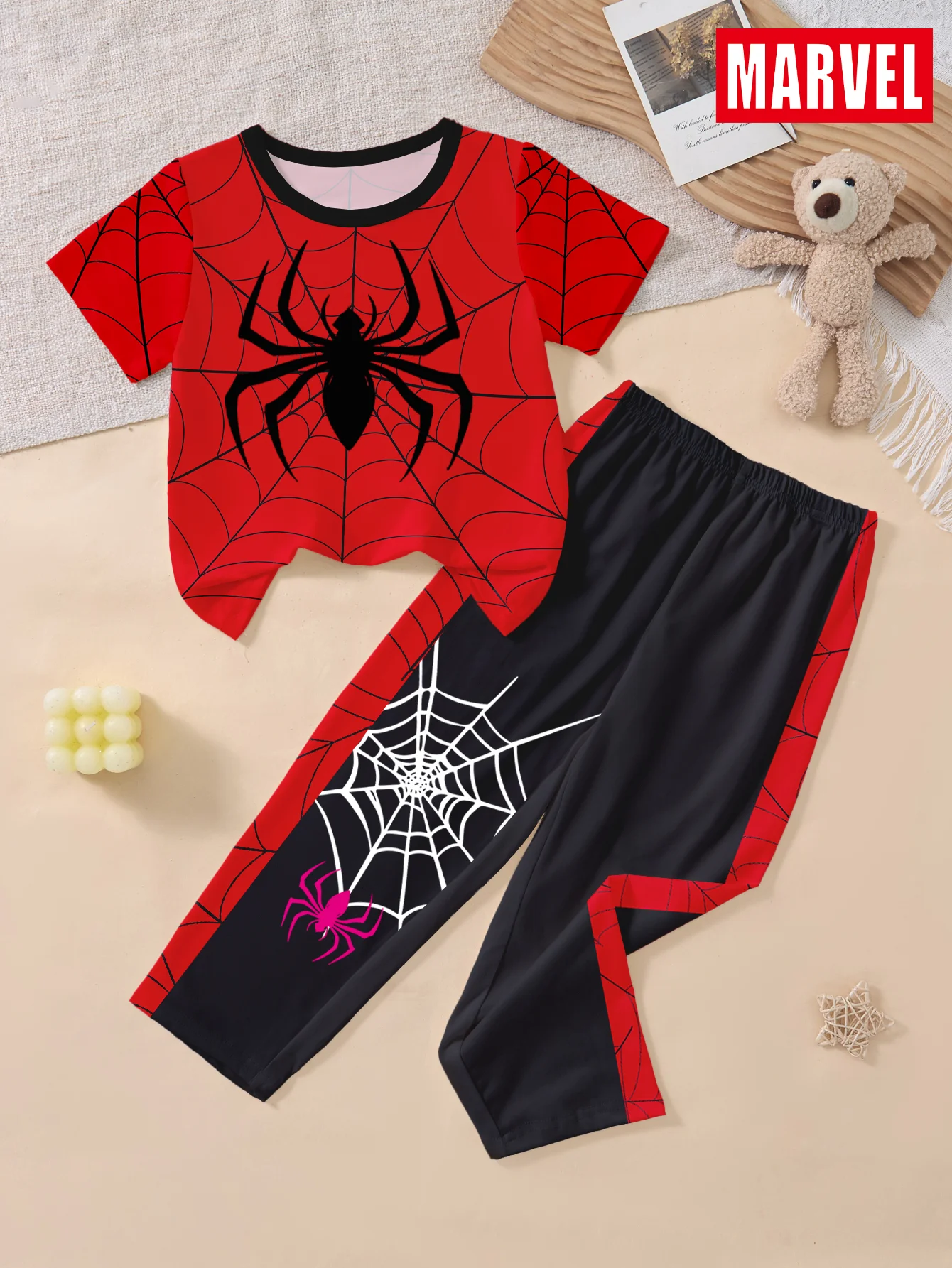 2-teiliges Spider-Man-Kostüm für Jungen, niedliches Cartoon-Muster, kurzärmliges Oberteil und Hose, Nachtwäsche, Heimkleidung