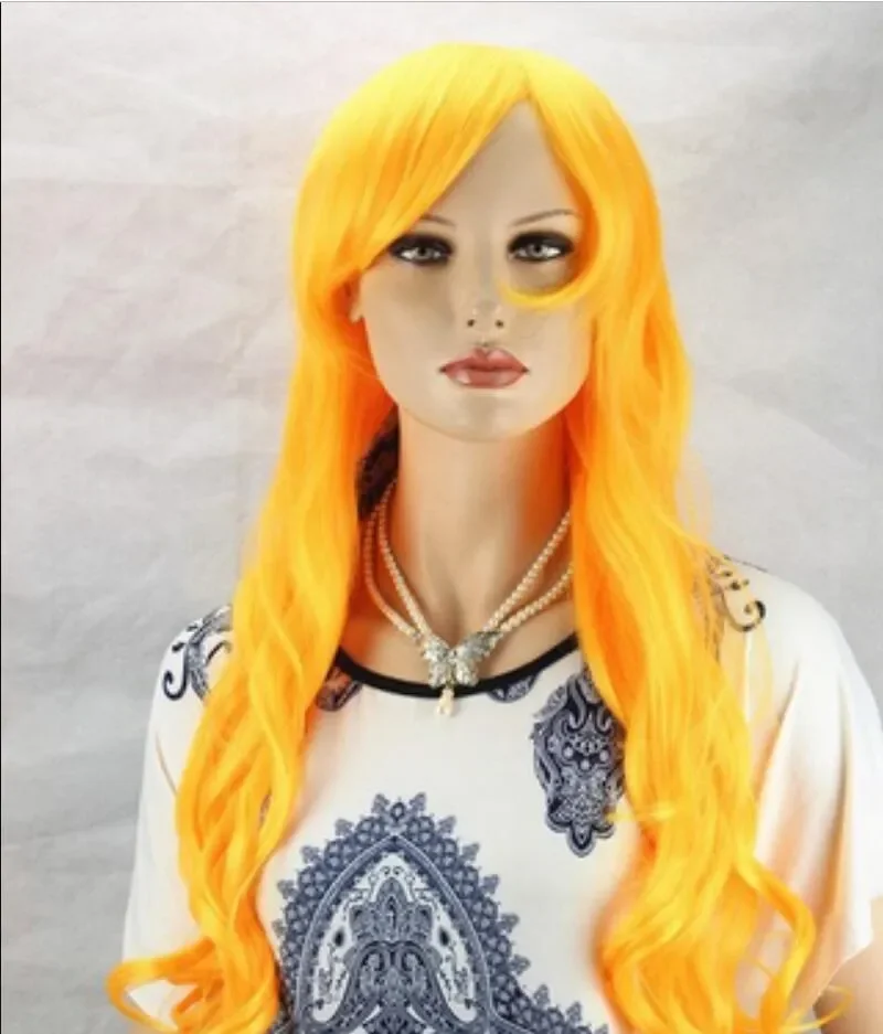 Peruca longa peruca cosplay ondulado para as mulheres, cabelo ondulado, amarelo, moda