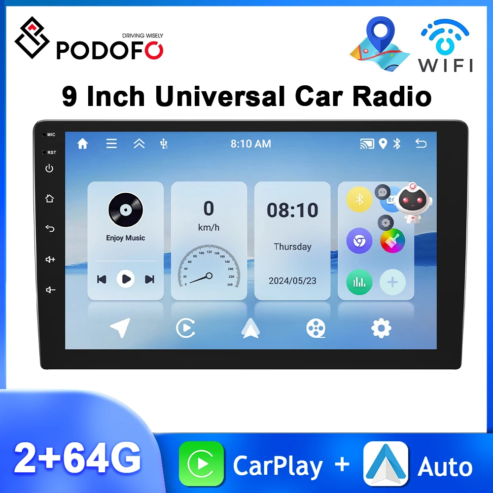 

Podofo 4Core 2+64G Car Radio 9''Multimedia Player Carplay Android Auto WIFI GPS Navigation HiFi Bluetooth FM/RDS 2Din Car Stereo