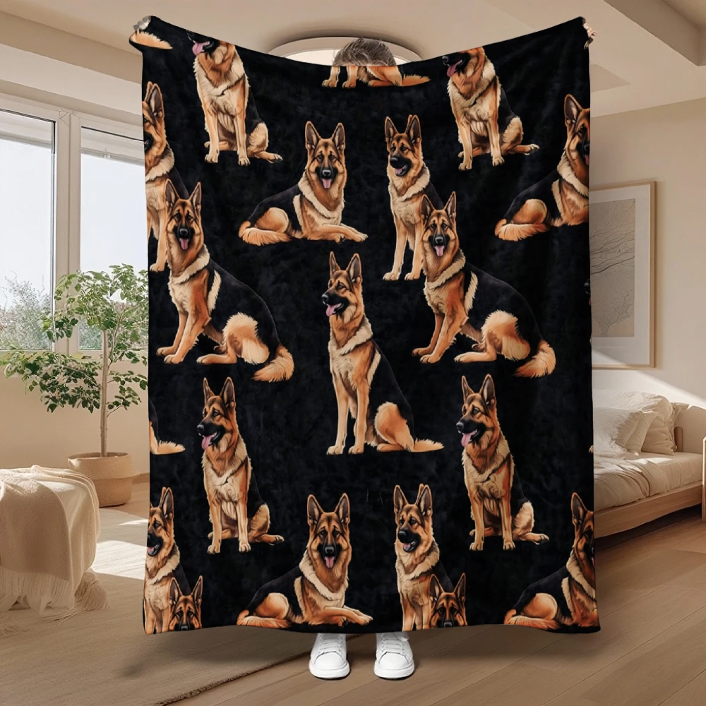 German Shepherd Pattern, Dog Lover Gift, Blanket, Realistic Print On Black, Home Decor, Soft Cozy Multi-Purpose