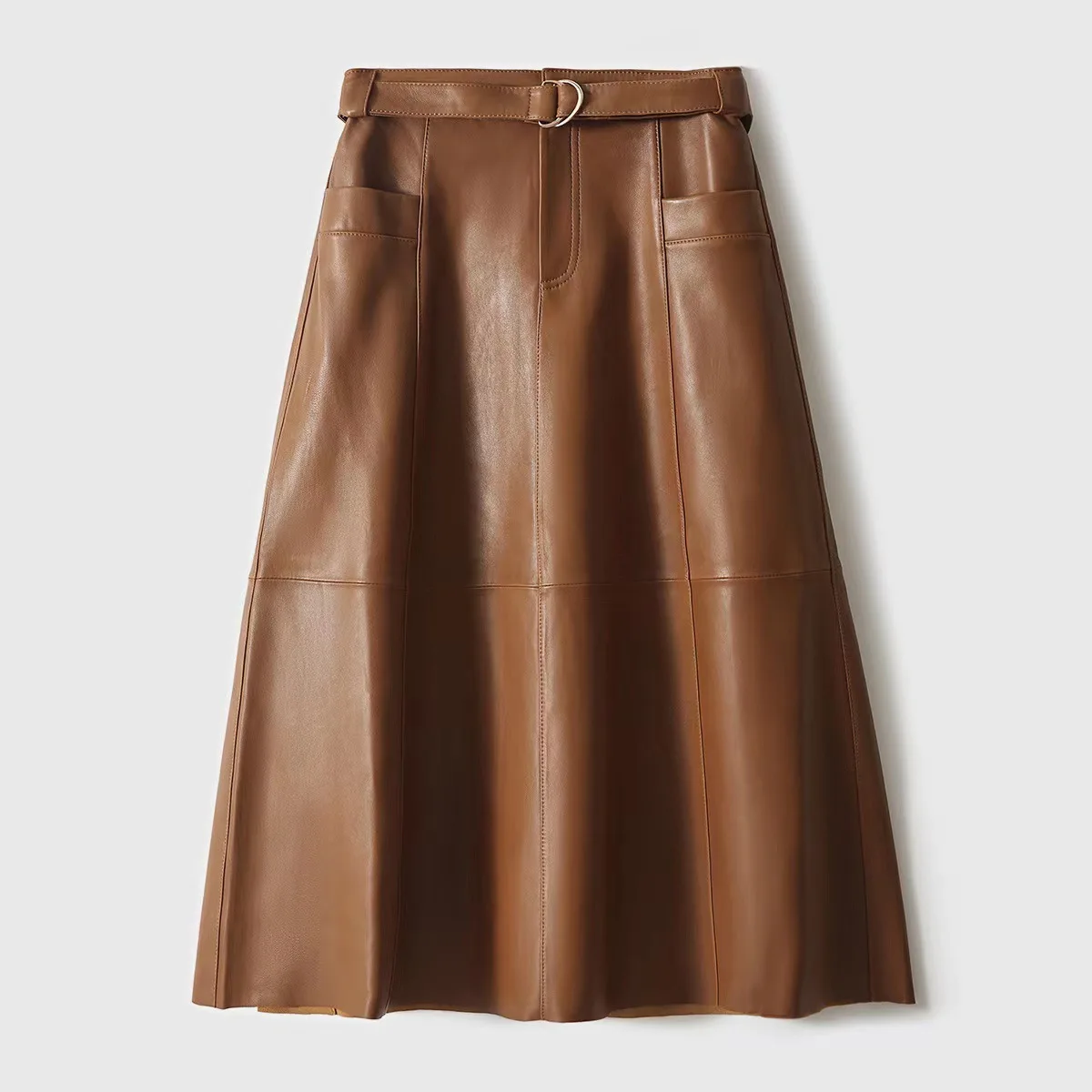 100% First Layer Sheepskin Women Long A-line Skirt 2024 Chic Ladies Autumn Winter Brown Big Hem Genuine Leather Skirt With Belt