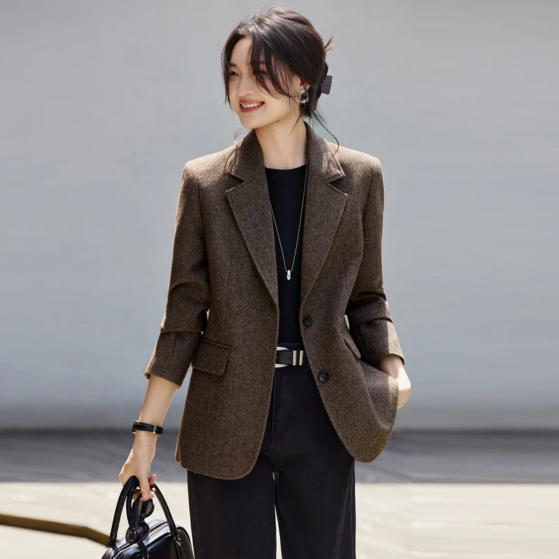 Women's High-Quality Coffee-Colored Wool Blazer plus Sizes Autumn/Winter Collection Fashionable And Stylish