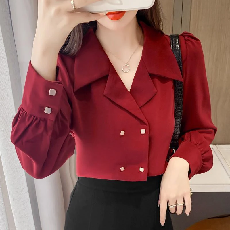 Double Breasted French Turn Down Collar Long-sleeve Solid Top Red Shirt And Blouses Casual Woman Simple Elegant OL All-match New