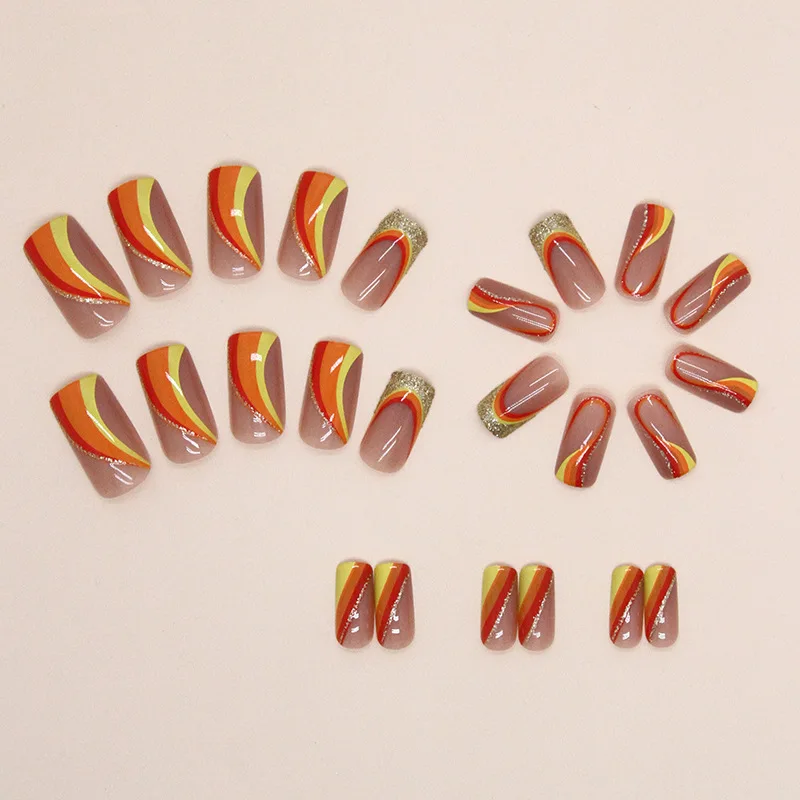 24 stuks Sunset Wave Press-On Nails - Rood/Geel/Oranje Glitter Ombré Lange Ballet Vorm Tropische Luxe Stijl