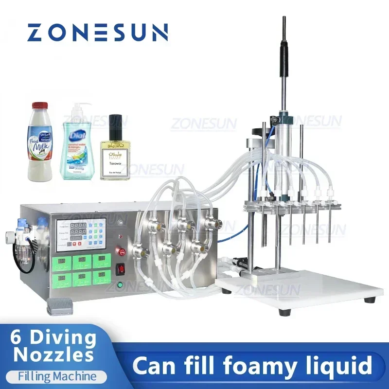 

ZONESUN Liquid Filling Machine ZS-MP5500D Electric 6 Injectable Nozzles Magnetic Pump Essential Cooking Oil Cosmetics Drink