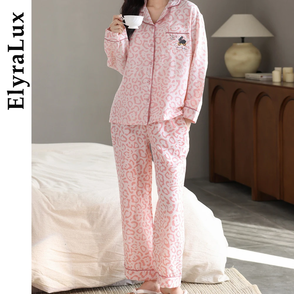 

ElyraLux женская пижама с милым розовым леопардовым принтом, одежда для сна, длинный све, свободный комплект домашней одежды для женщин, подходит для весны и осени