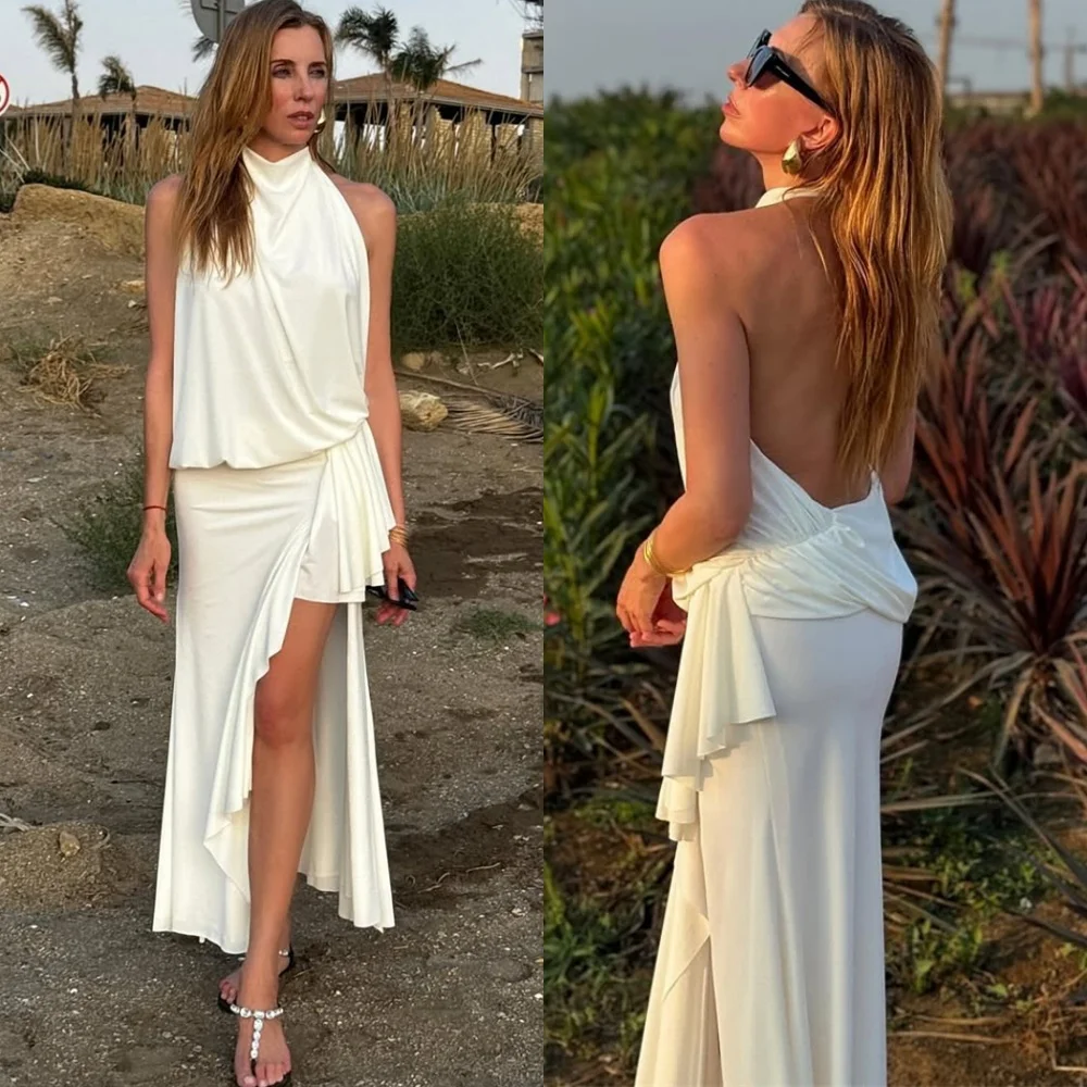 

Customized Sexy Jersey Evening Dress Modern Halter Sleeveless Homecoming Dresses Soft Sweep Train Special Occasion Gowns