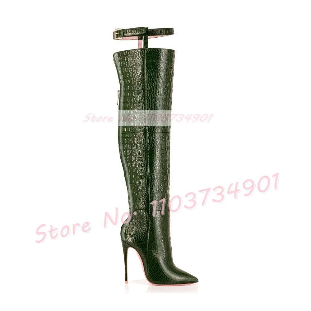 Alligator Thigh Strap Boots Women Pink Sole Back Zipper Pointed High Heels Shoes Ladies Sexy Slim Fashion Big Size Crotch Boots