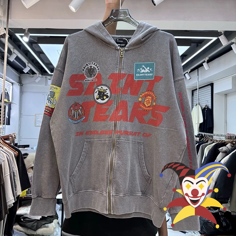 Crack Letters Logo Saint Tears Coats Men Women Vintage Washed Gray Apricot Zippered Hoodie Hooded