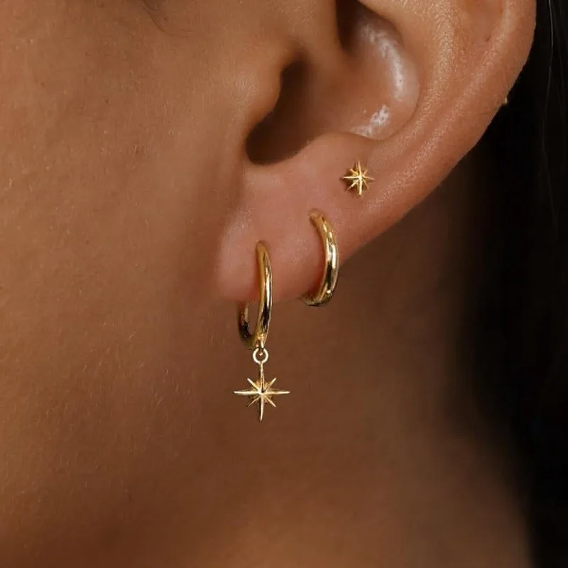 3PCS Star Pendant Earrings Women's Set Zircon Octagonal Star Daily Girl Perforated Earrings Aesthetic Jewelry