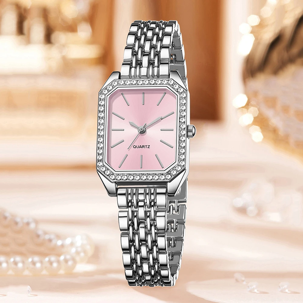 1Pc Women's Wristwatch Silver Pink Dial Fashionable Business Elegant Classic Exquisite Retro Light Luxury Rhinestone Bracelet Y2K Party Gathering Daily Wear Birthday Holiday Gift Travel Vacation Music Festival Perfect Gift
