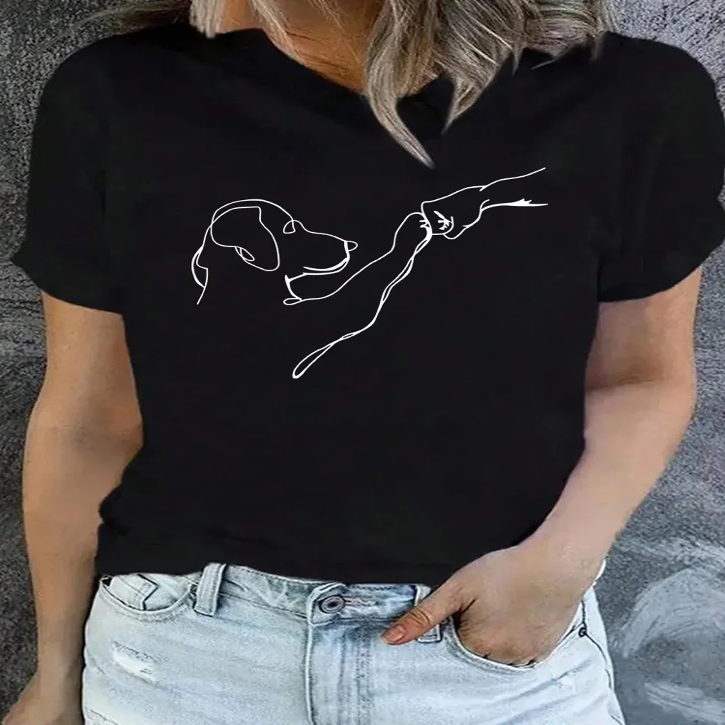 Chinois Sle ort Sve T-irt Dr pour les femmes tenue décontracté chien et personnes poinçon main Aphic imprimé T-shirt fibre d'acétate