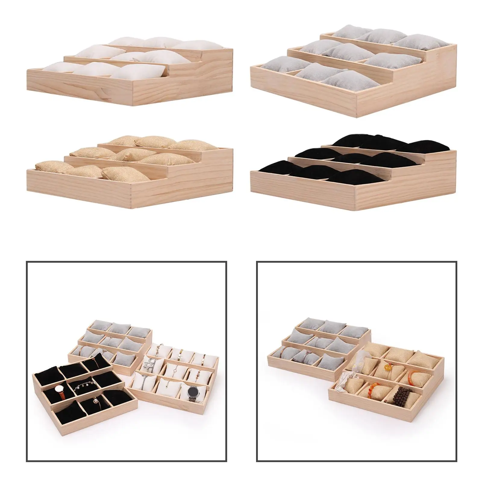 Watch Display Tray Three Layer Ladder Tray Wood Watch Holder Jewelry Organizer Tray for Watches Gifts Necklaces Counter Dresser