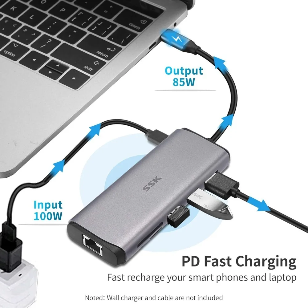 SSK USB HUB Type C Docking Station PD100W RJ45 SD/TF 4K USB 3.0 HUB high speed expansion USB adapter for laptop accessories