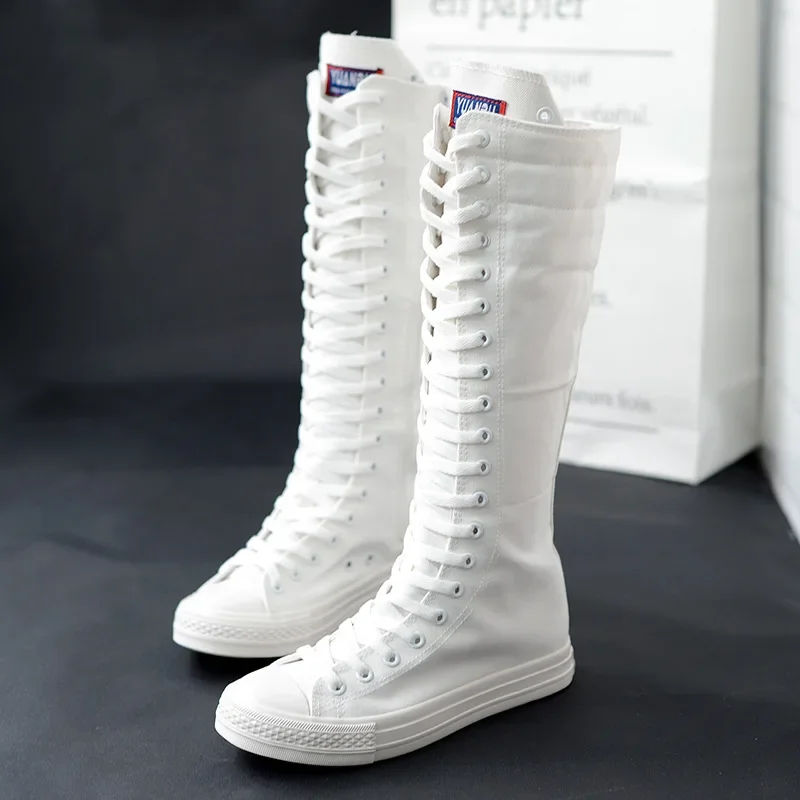 Tenis Feminino New Spring Autumn Women Shoe Canvas Casual High Top Shoes Long Boot Lace-Up Zipper Comfortable Flat Boot Sneakers