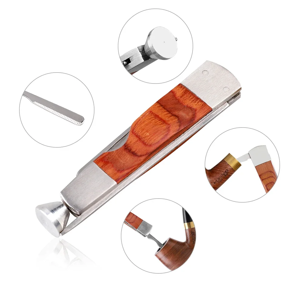 3 in 1 Red Wood Tobacco Smoking Stainless Steel Pipe Clean Tool , for pipe tobacco press rod, pipe channel and bowl cleaning