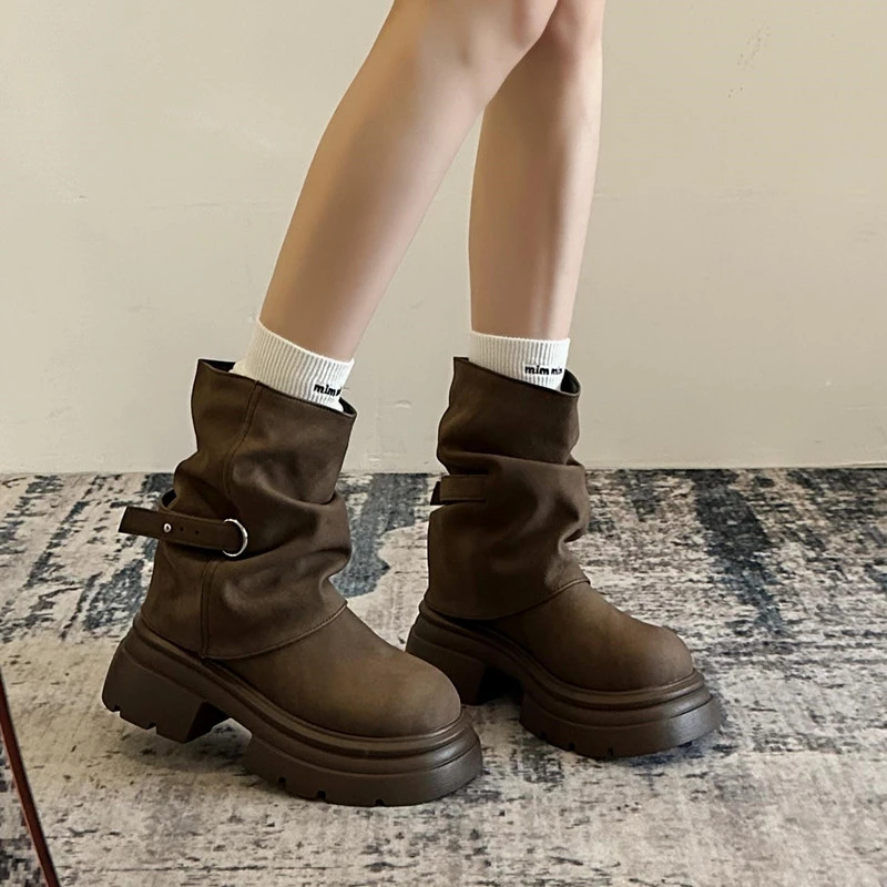 Thick Soled and Raised Maillard British Style High Top Boots for Women, a Popular Autumn Item