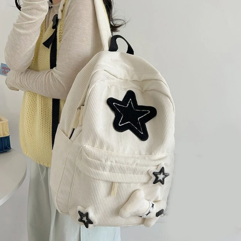 School Bags Double Strap Shoulder Bags with Star Pattern Backpack for Girl Student Large Capacity Corduroy Book Bag