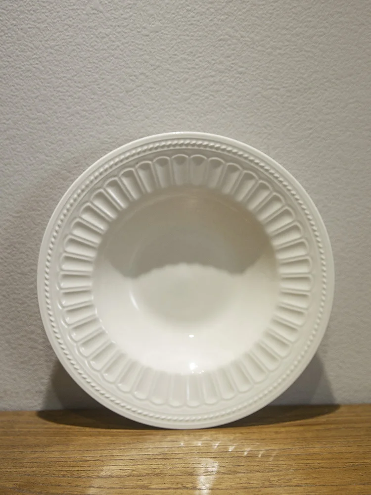 

Pure Color Relief Western Dining Dish Caprice Seasonal Ceramic Plate Deep Dish round Pasta Soup Plate French Style Dish
