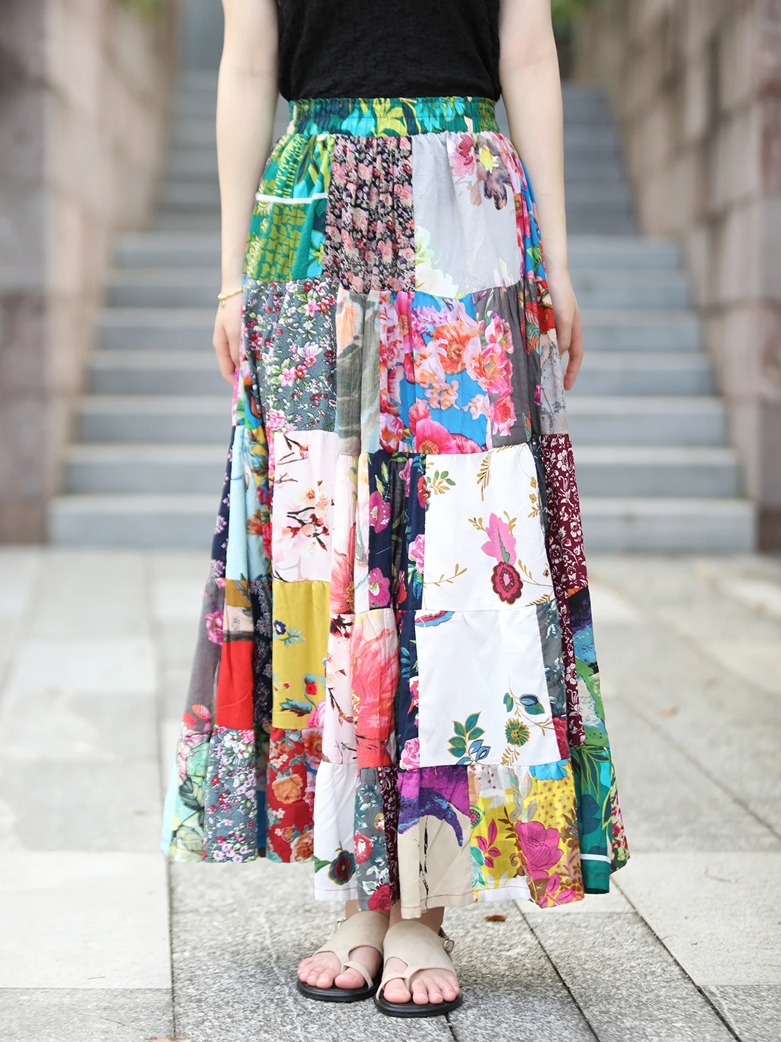 

Retro Floral Print Patchwork f Skirt Elastic Waist Cotton Women's Maxi Skirt Ethnic Sle Loose Fit A-Line Skirt