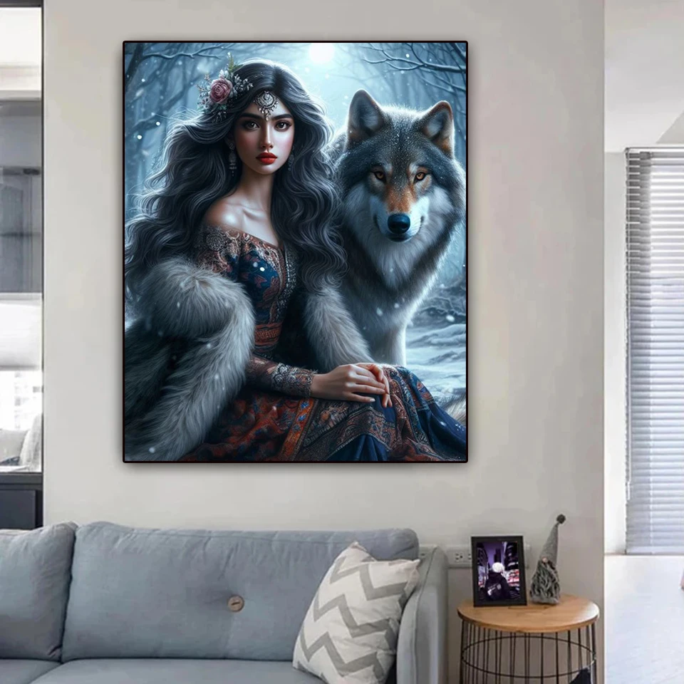 FD الراتنج DIY الماس اللوحة الجديدة 2024 امرأة وولف كامل الماس الفسيفساء طقم تطريز الكرتون الحيوانات ديكور المنزل #2