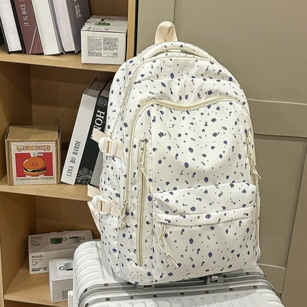 Large Capacity Floral Print Backpack Multi-compartment Multi-pocket Bow Pattern School Bag Durable Thickened Rucksack